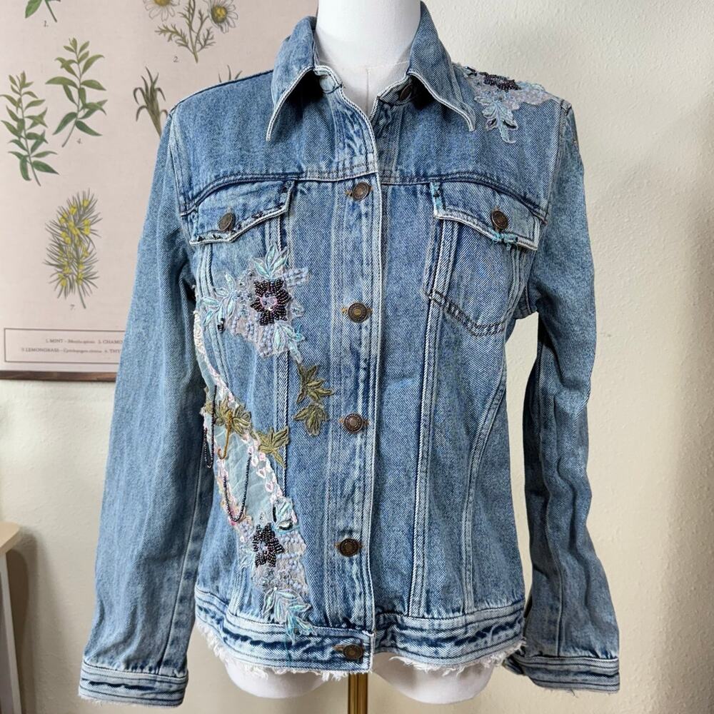 90s Y2k Denim Upcycled Lace Floral Beaded Jean Jacket Fairy Grunge Whimsy S M